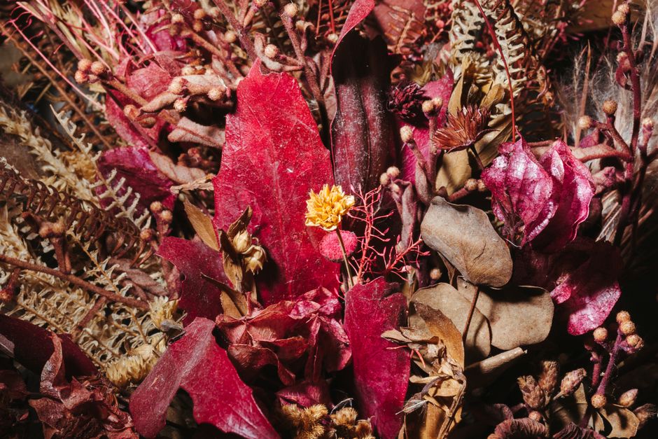 Kleurrijke bladeren en gedroogde bloemen als tafeldecor.